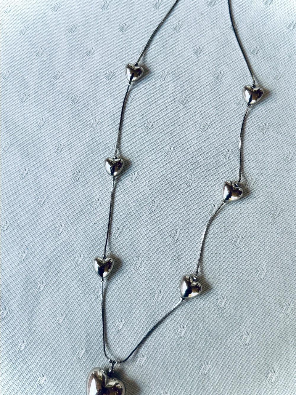Vintage Silver Puffy Heart Station Choker Necklace 12.5”